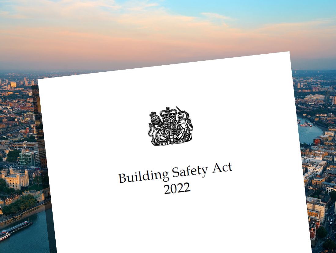Image showing a sheet of paper saying Building Safety Act 2022 over a backdrop of London