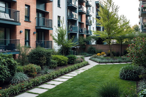 Landscaped garden path between modern apartment blocks